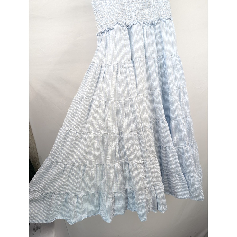 Seersucker 100% Cotton Lined Tiered Peasant Dress Sz S Blue Cottagecore Prairie - Picture 4 of 10